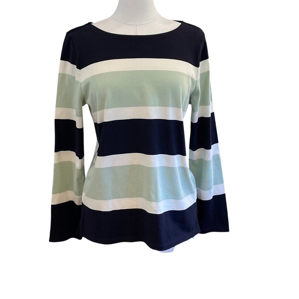 Talbots 100% Cotton Navy, Light Green Striped Long Sleeve T-Shirt, Minimalist. L